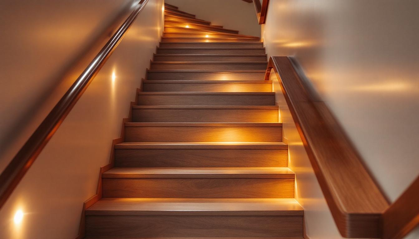 A photograph of a beautifully designed indoor staircase illuminated by sleek led stair lights