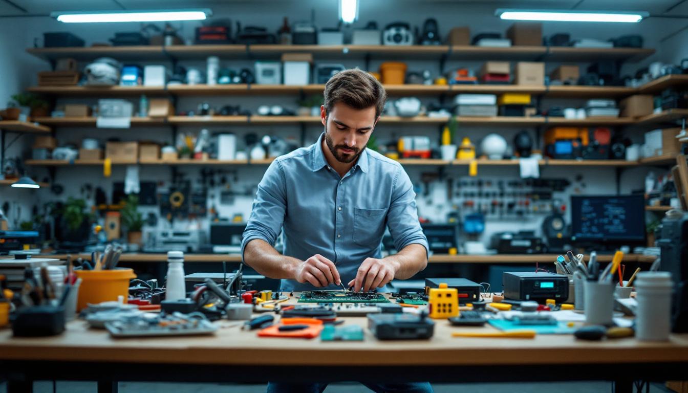 A photograph of a busy electrical engineering workspace
