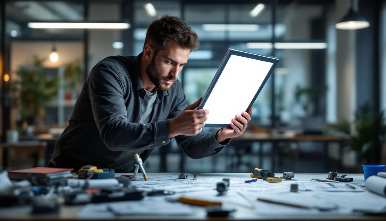 A photograph of a professional electrical engineer examining a sleek 2x2 flat panel led light fixture in a modern office environment