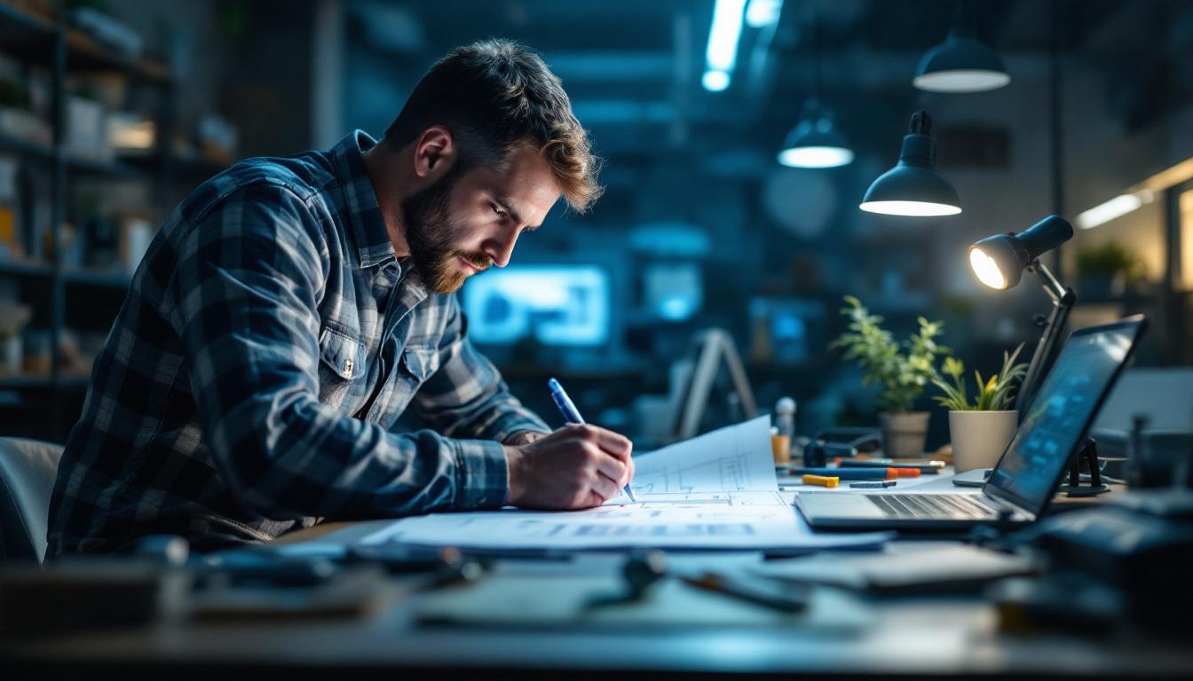 A photograph of a well-lit workspace featuring an electrical engineer designing a lighting layout with t8 led bulbs
