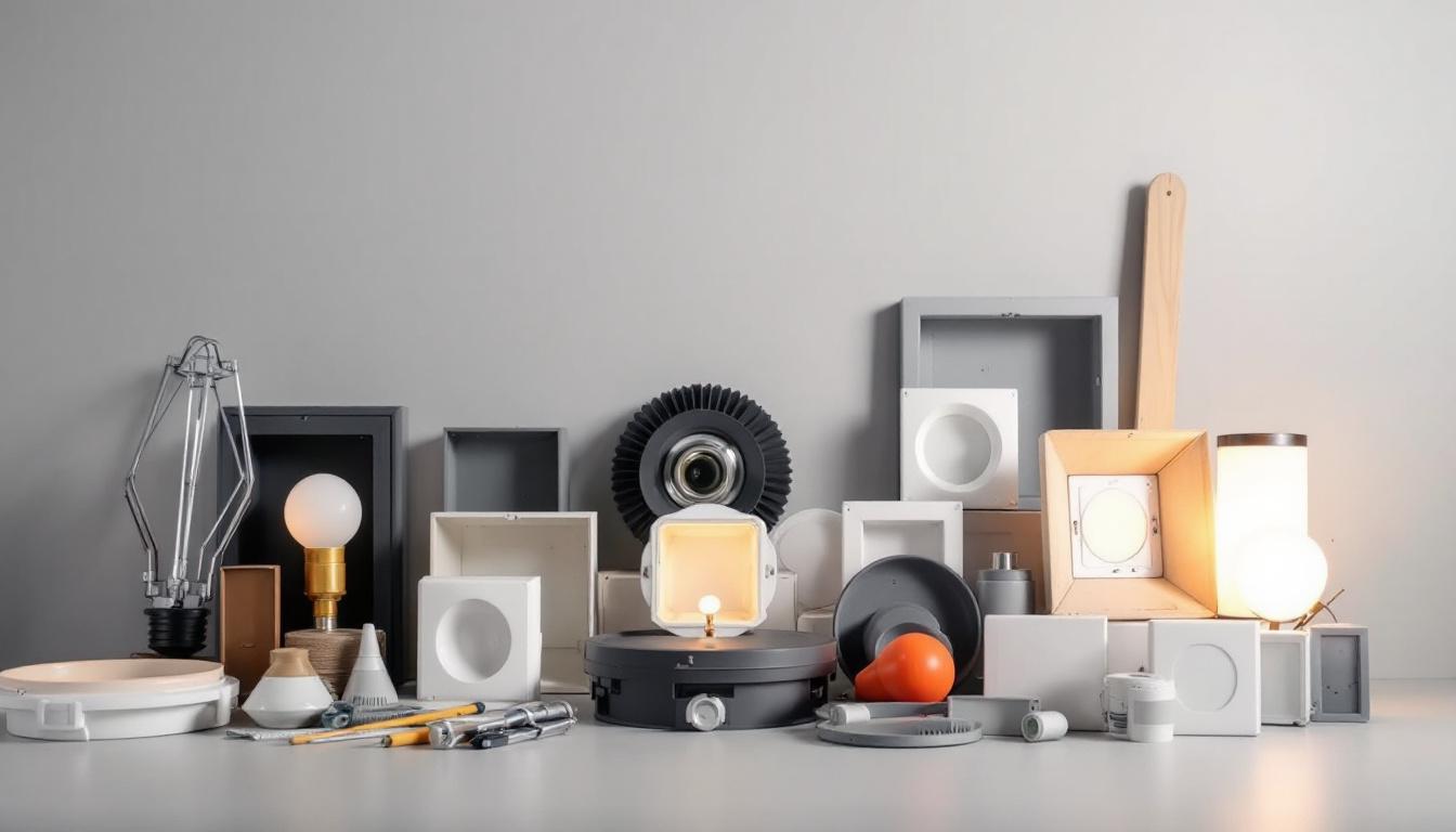 A photograph of a well-organized selection of various 2 gang box covers displayed alongside different types of light fixtures and tools