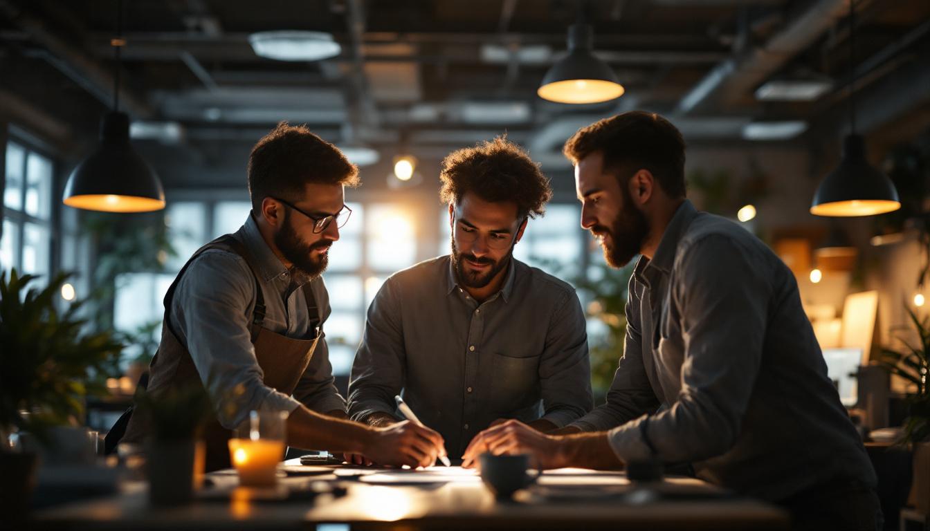 A photograph of a group of electrical engineers engaged in a collaborative discussion around a bright
