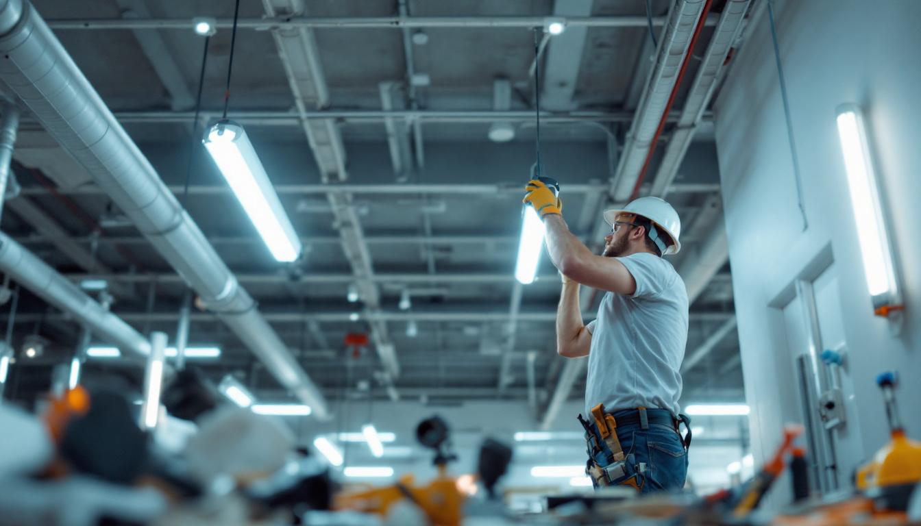 A photograph of an electrical engineer installing led lights in a commercial setting