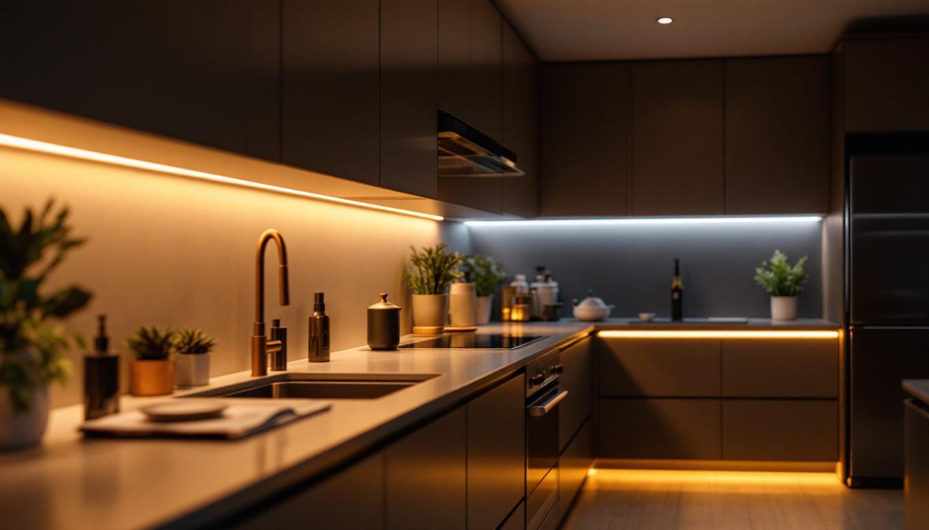 A photograph of a modern kitchen featuring sleek under counter led tape lights illuminating the workspace