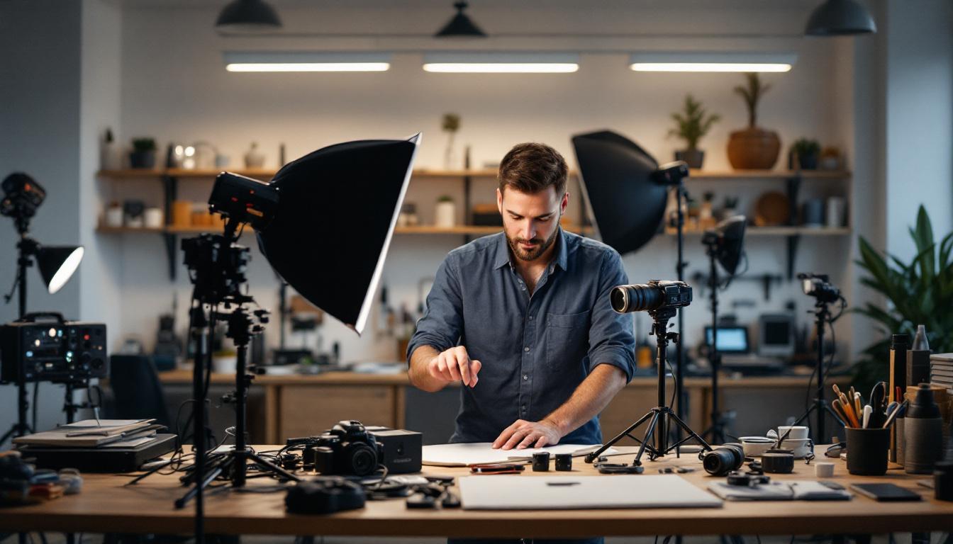 A photograph of a well-lit engineering workspace featuring various lighting tools and equipment