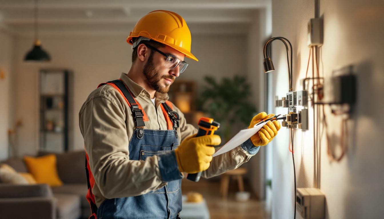 A photograph of a skilled electrical engineer inspecting a well-lit residential space