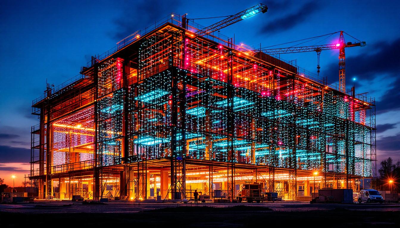 A photograph of a large-scale construction site illuminated by vibrant light strings at dusk
