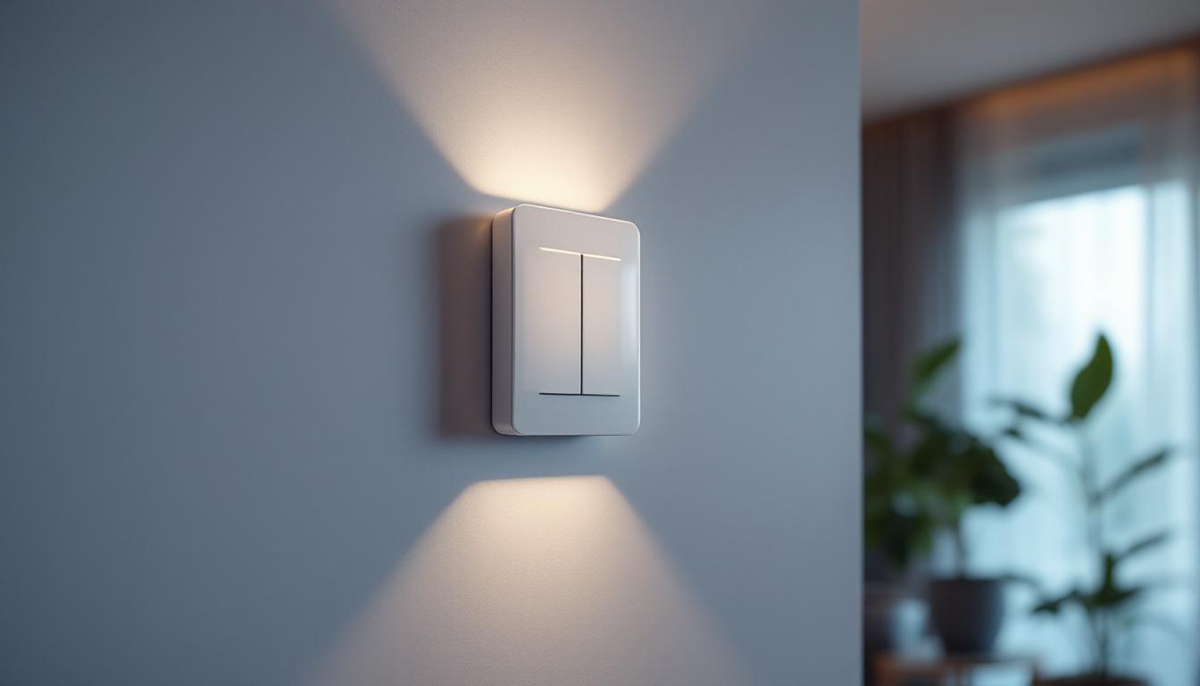 A photograph of a modern dual light fan switch installed in a stylish interior setting