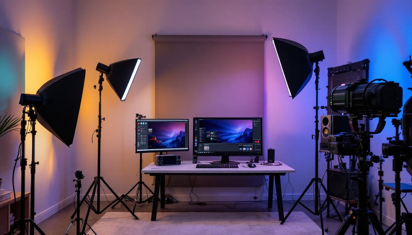 A photograph of a well-lit studio space showcasing various studio led lights in use