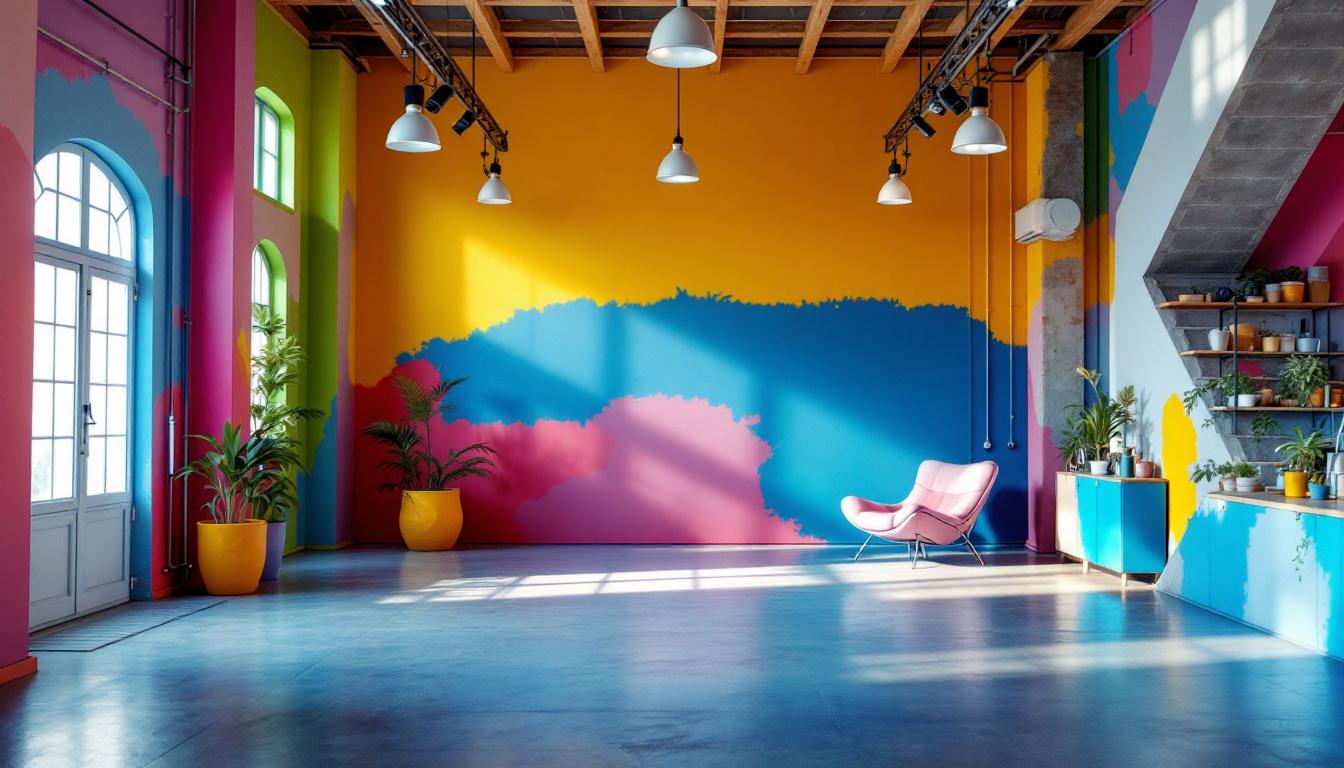 A photograph of a well-lit warehouse interior showcasing vibrant paint colors on the walls