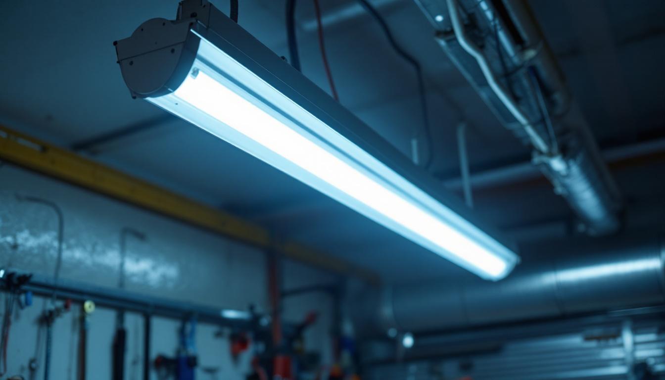 A photograph of a well-lit 8 ft fluorescent light fixture installed in a workshop or garage setting