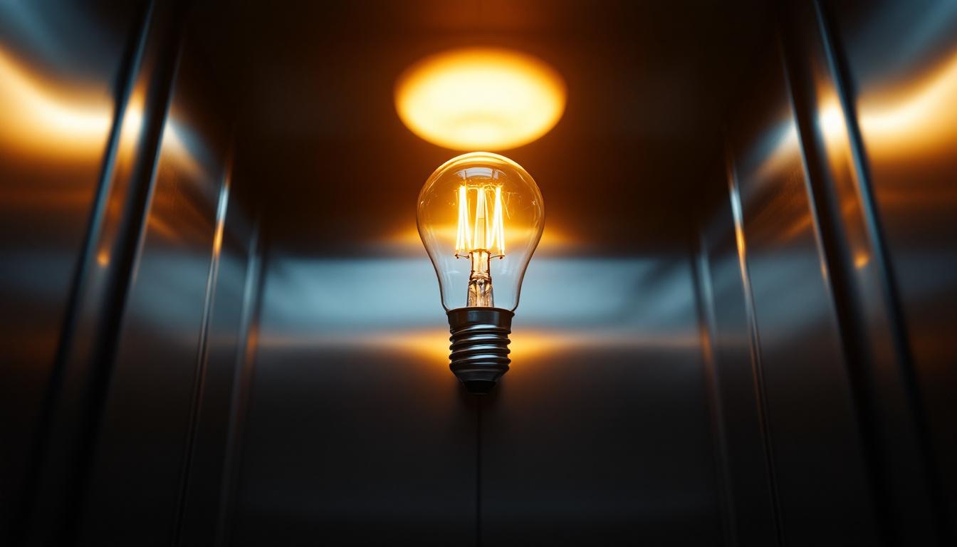 A photograph of a close-up shot of a modern elevator light bulb illuminating the interior of an elevator