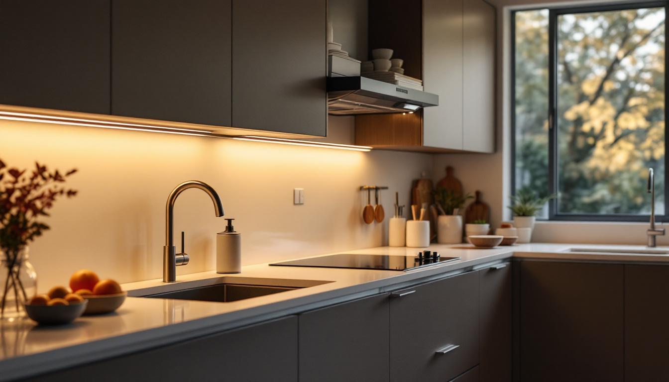 A photograph of a sleek kitchen featuring rab under cabinet lighting in action