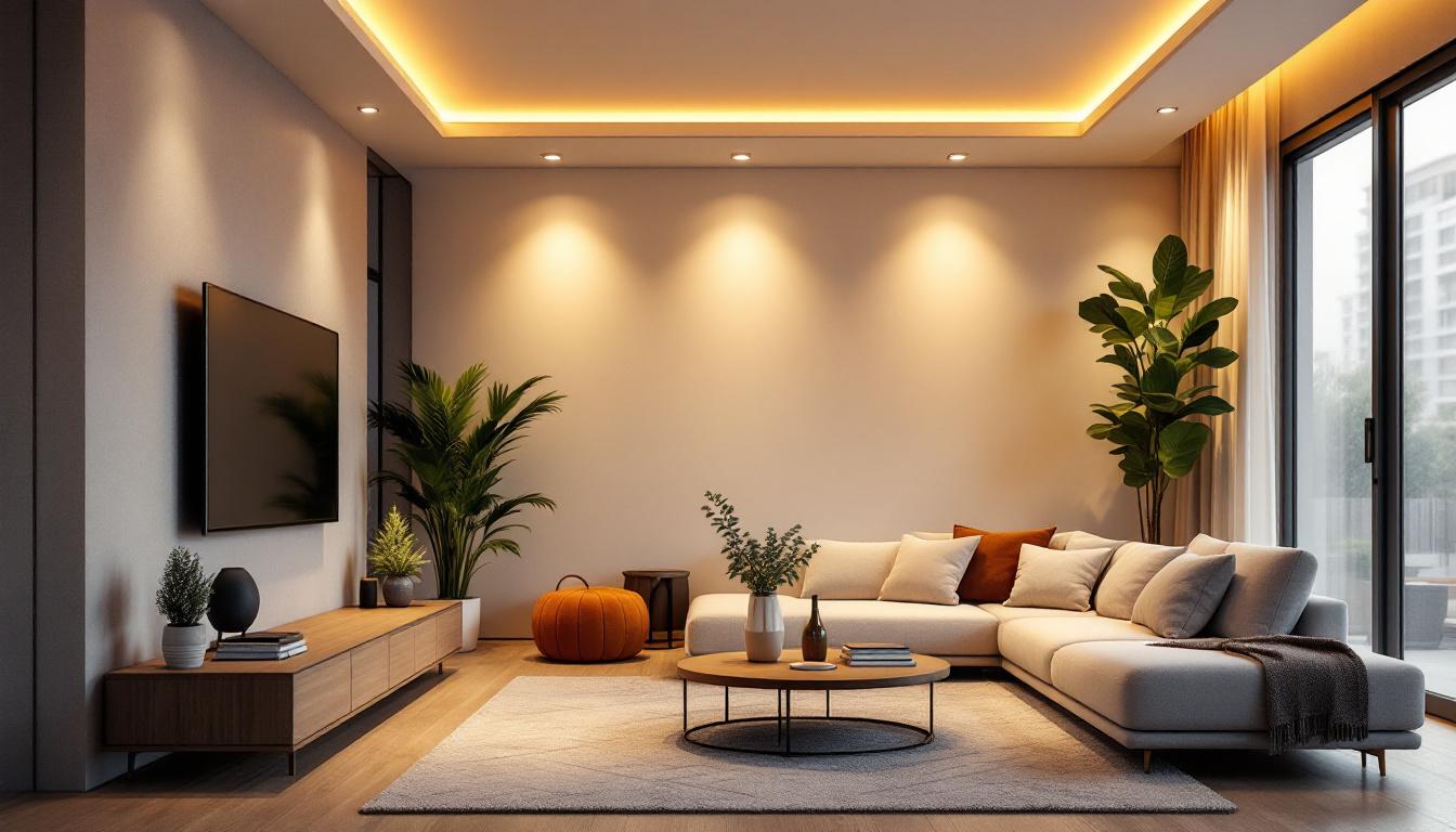 A photograph of a modern living space featuring stylish screw-in recessed lights