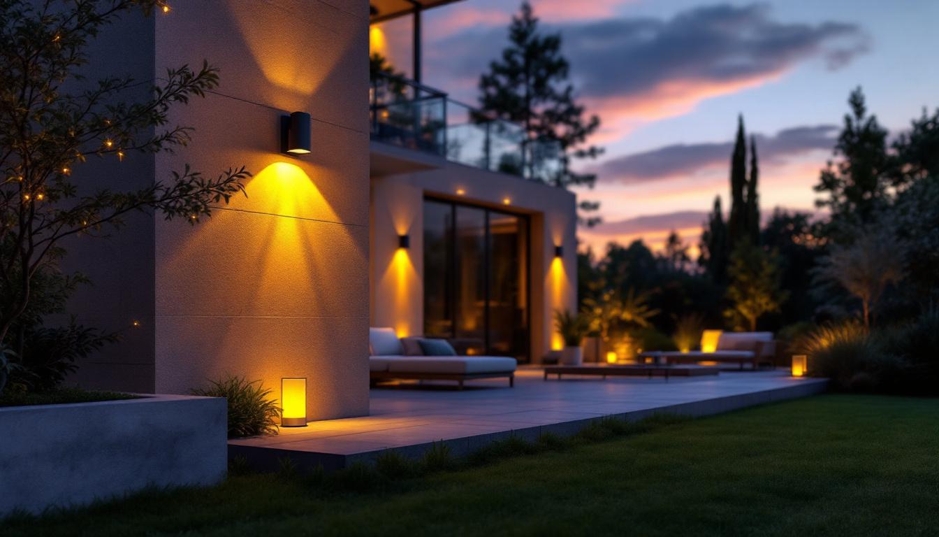 A photograph of a beautifully illuminated outdoor space showcasing various high-quality lighting fixtures in use
