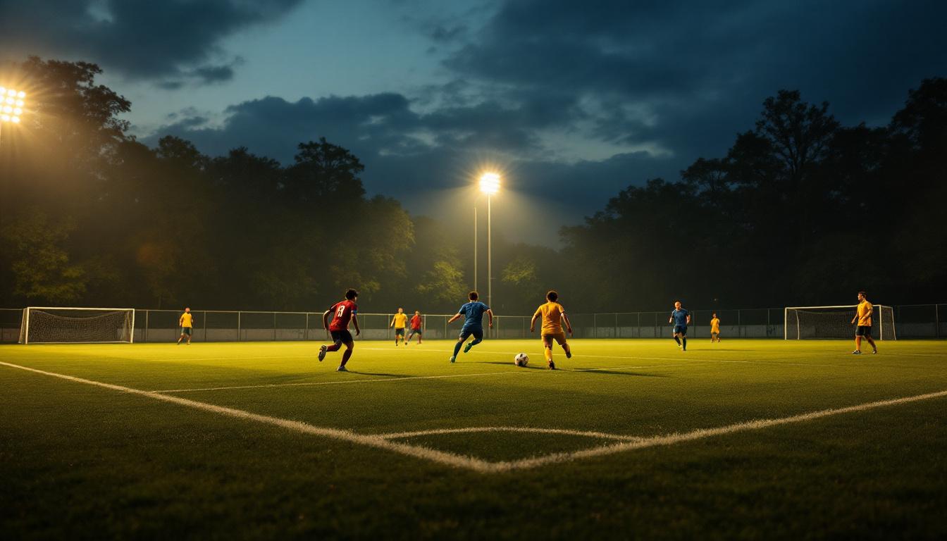 A photograph of a well-lit soccer field at dusk