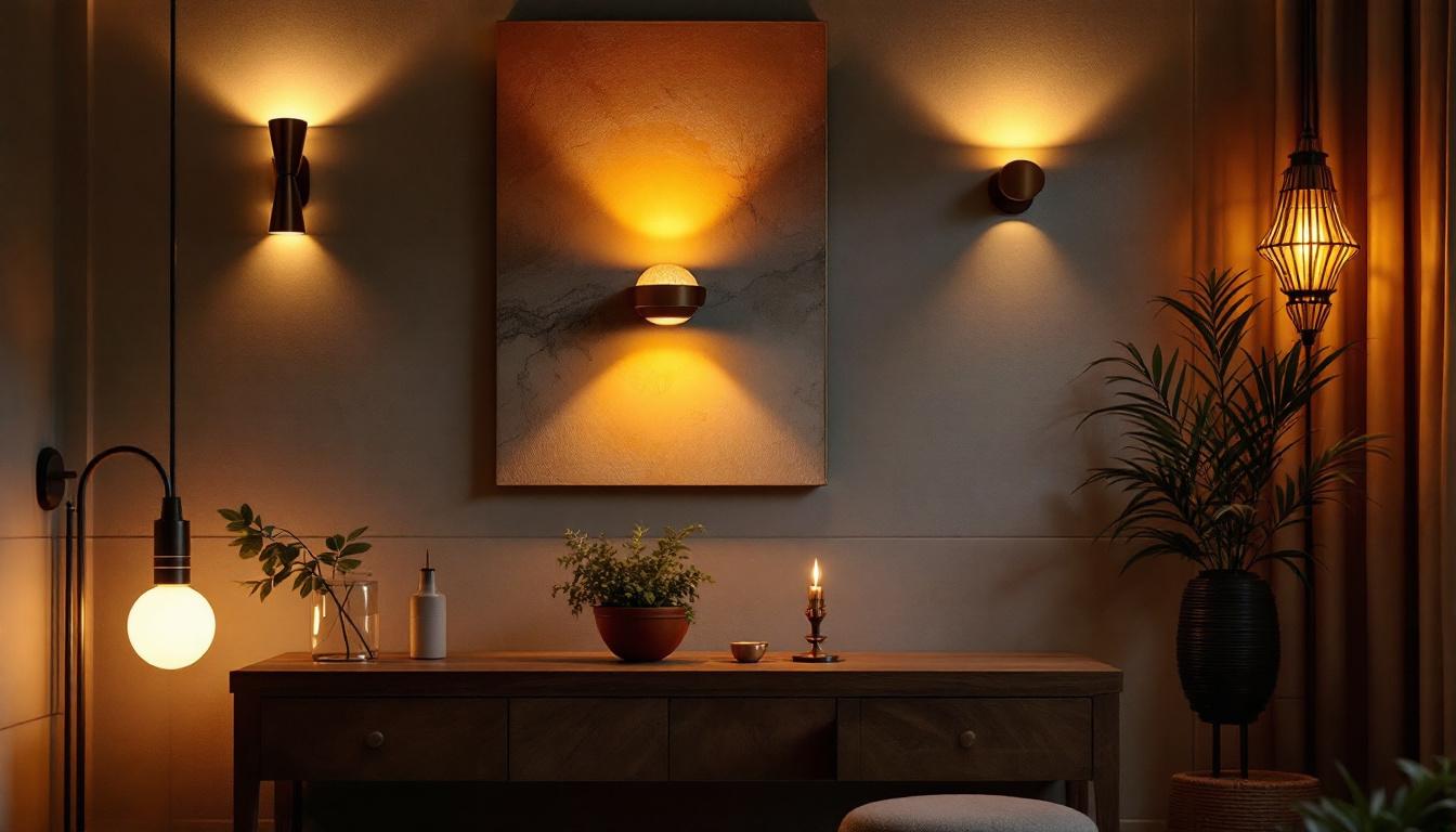 A photograph of a stylishly arranged interior setting featuring a variety of modern wall sconces that highlight innovative designs and current trends in lighting