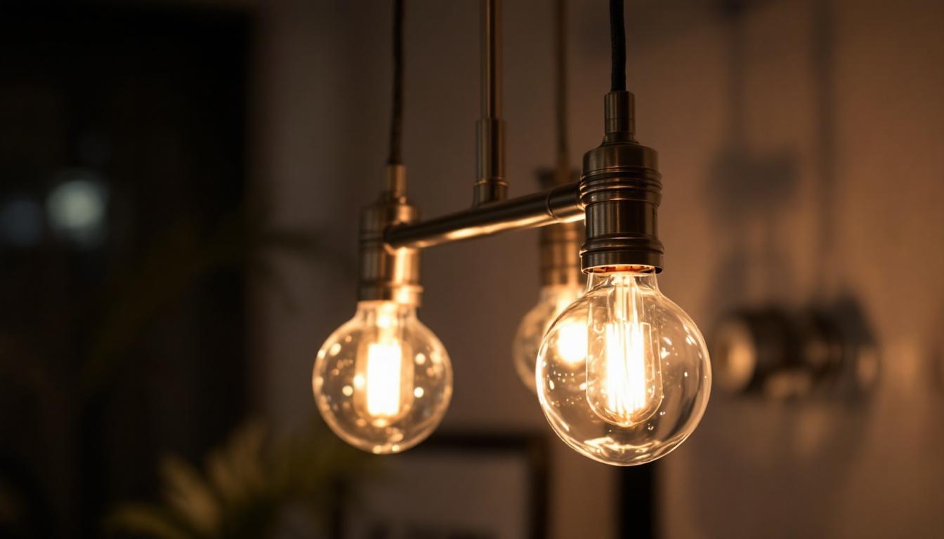 A photograph of a brushed nickel three-light chandelier elegantly illuminated in a stylish interior setting