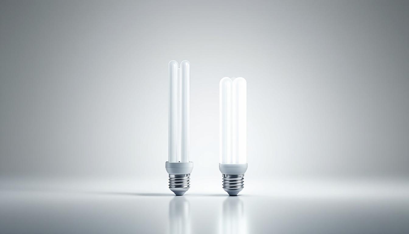 A photograph of a side-by-side comparison of a t12 and a t8 fluorescent light bulb