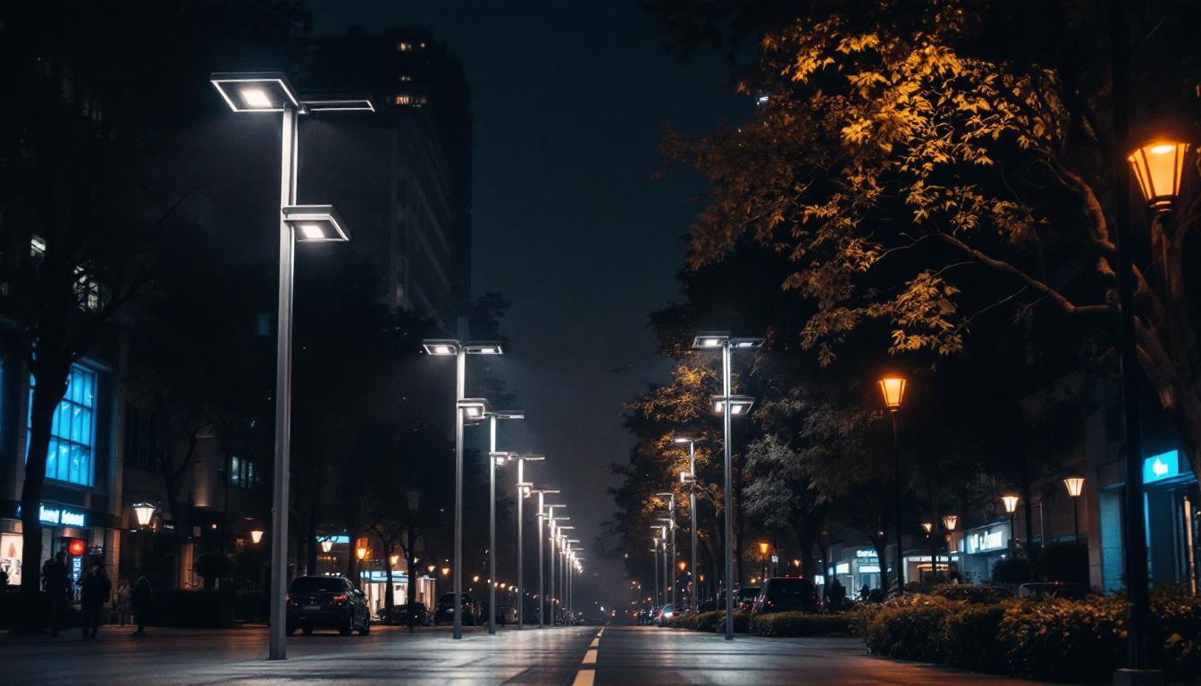 A photograph of capture a photograph of a well-lit urban street scene featuring square poles integrated with modern lighting fixtures