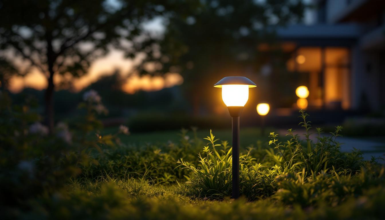 A photograph of a beautifully illuminated 120v landscape light installed in a serene outdoor setting