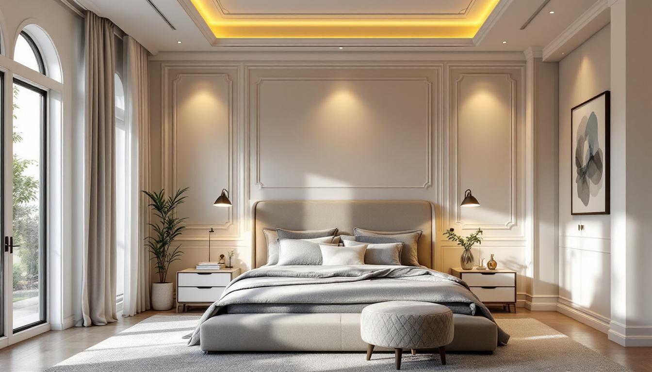 A photograph of a beautifully designed bedroom showcasing elegant recessed lighting