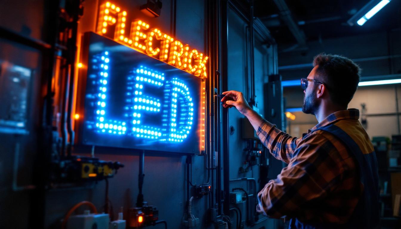 A photograph of a well-lit shop sign featuring vibrant led lighting