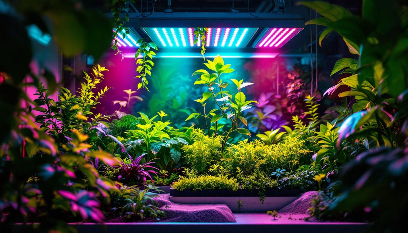 A photograph of a modern indoor garden illuminated by bionic grow lights