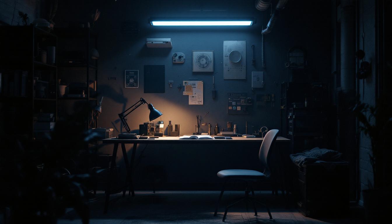 A photograph of a dimly lit engineering workspace showcasing a partially completed lighting project