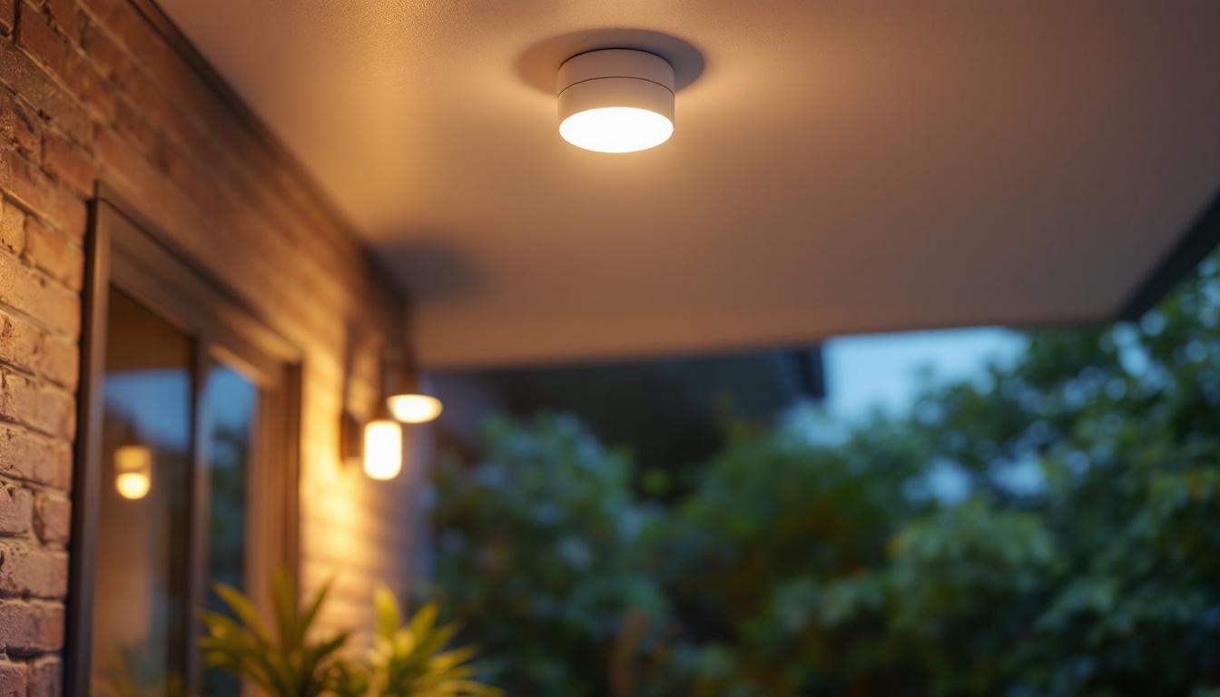A photograph of a well-lit outdoor setting featuring a ceiling-mounted motion sensor light in action