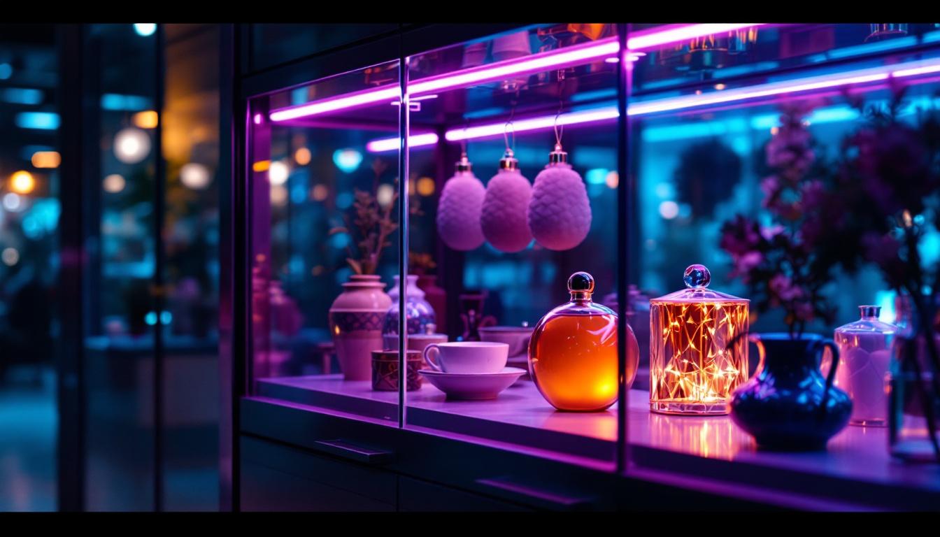 A photograph of a beautifully lit glass cabinet showcasing various items