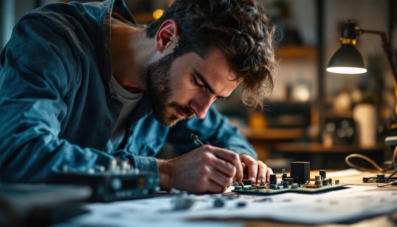 A photograph of a focused electrical engineer working on a circuit board