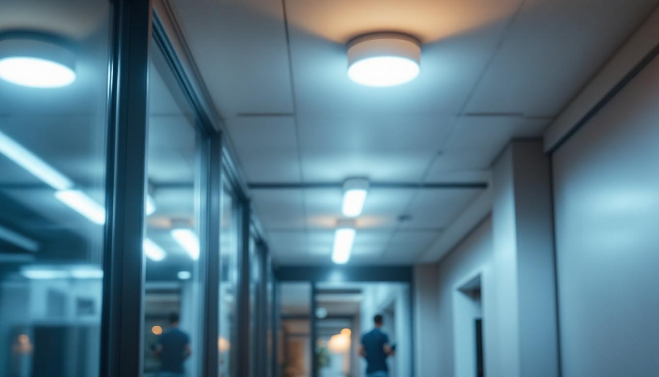 A photograph of a well-lit interior space featuring t5 fluorescent light fixtures in use