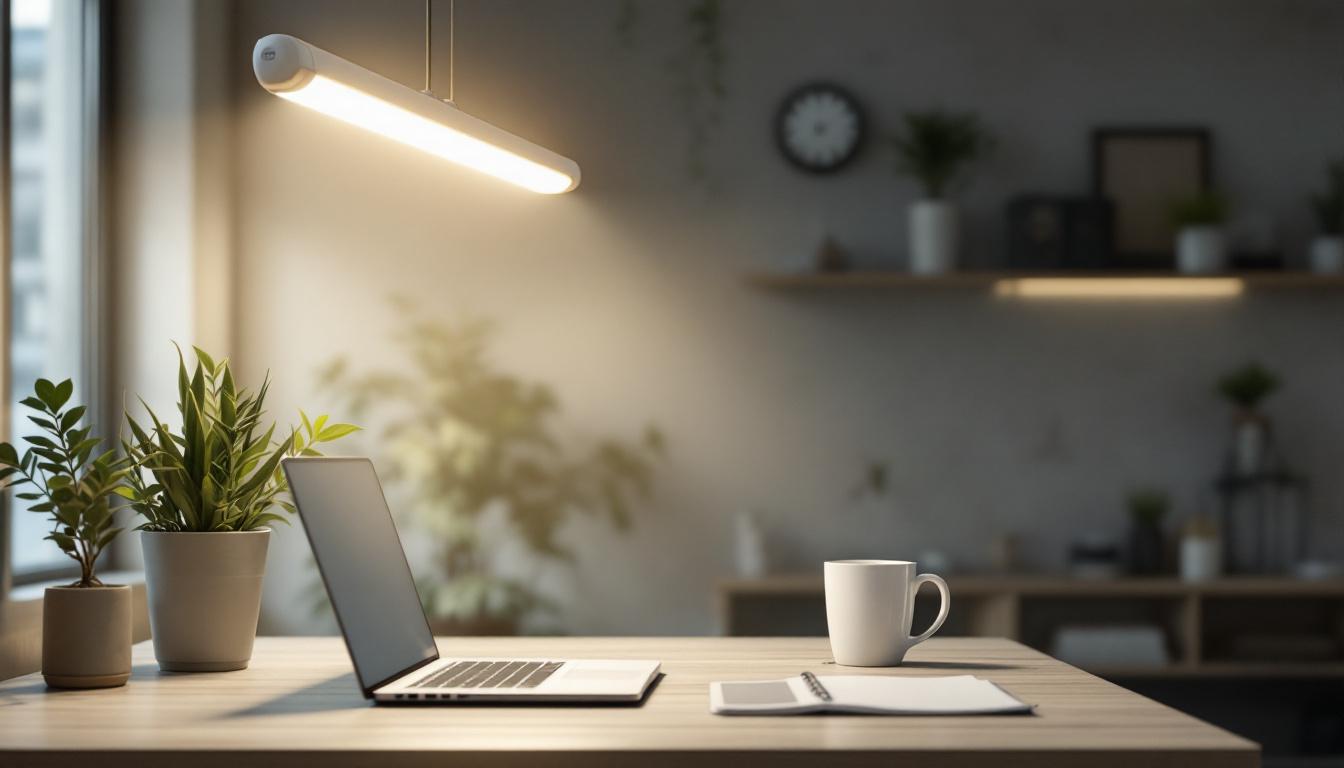A photograph of a well-lit workspace featuring a 32 watt fluorescent tube prominently displayed