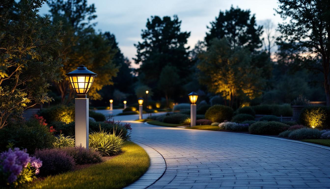 A photograph of a beautifully illuminated driveway featuring stylish lighting posts at dusk