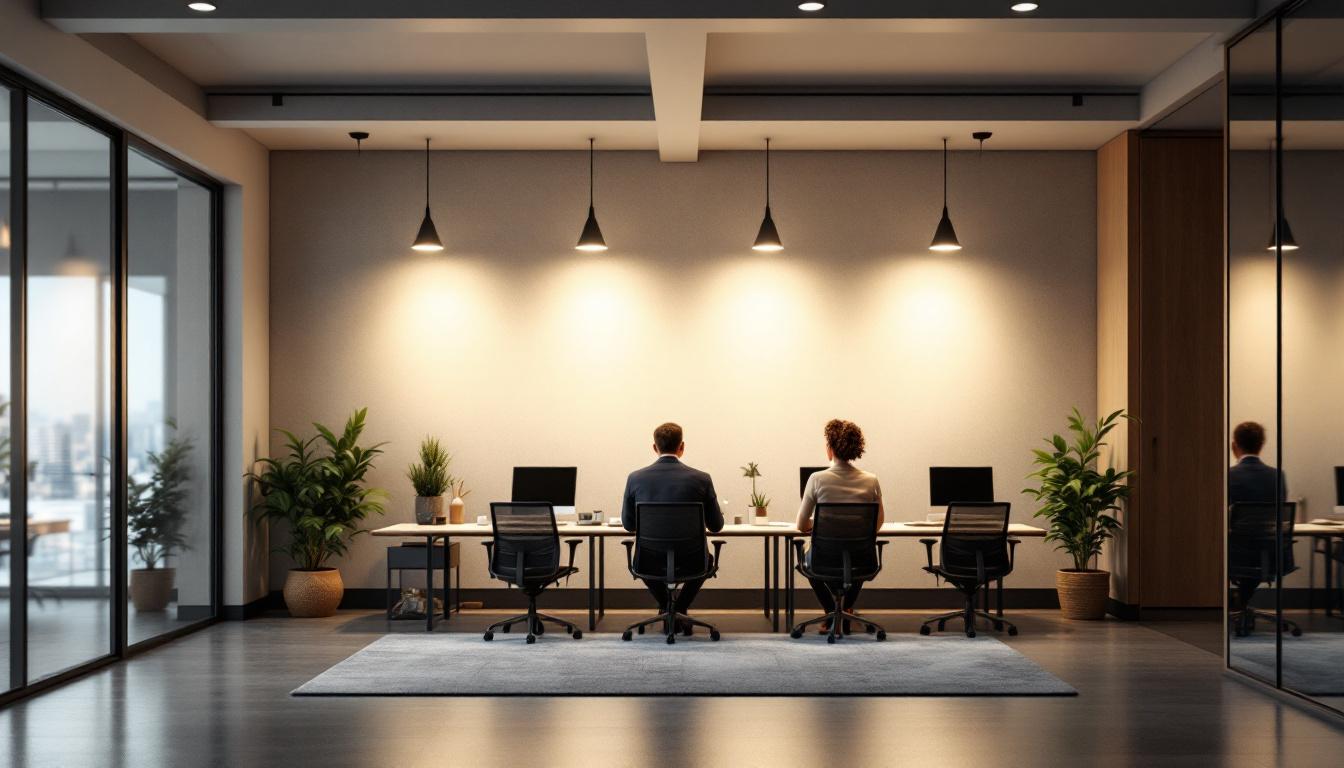 A photograph of a modern office space featuring stylish flush mount lighting fixtures
