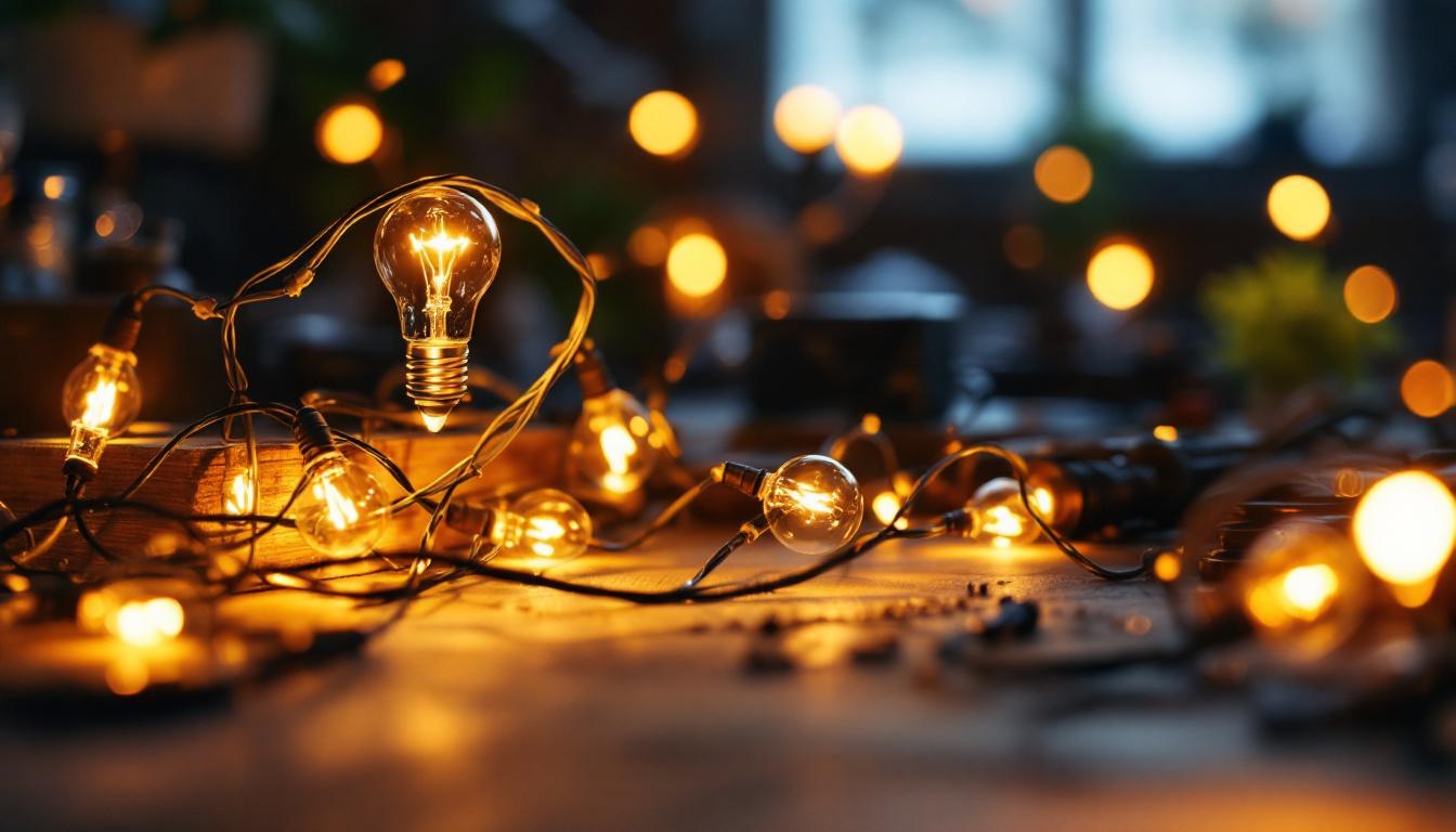 A photograph of a close-up shot of a beautifully arranged set of work string lights illuminating a workspace