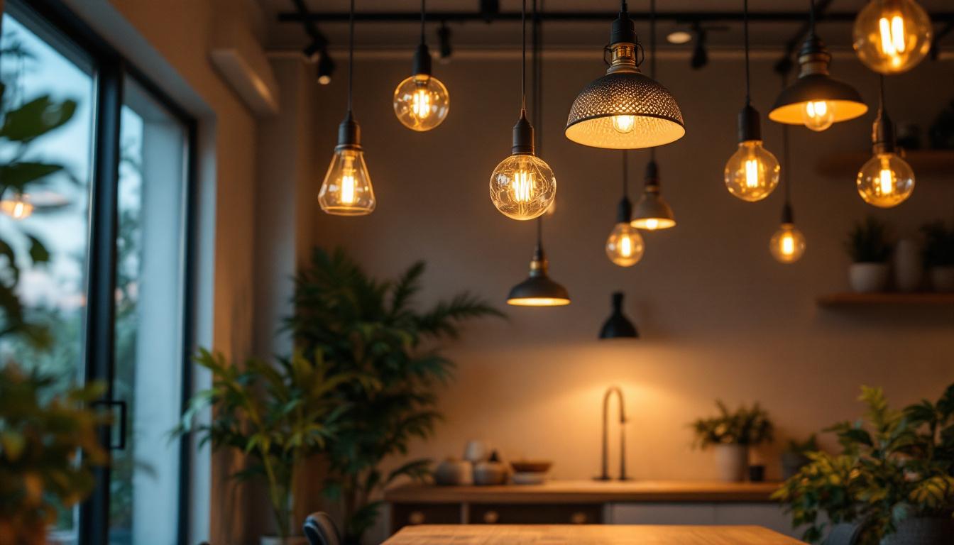 A photograph of a beautifully designed interior space featuring various ceiling hanging led lights in use