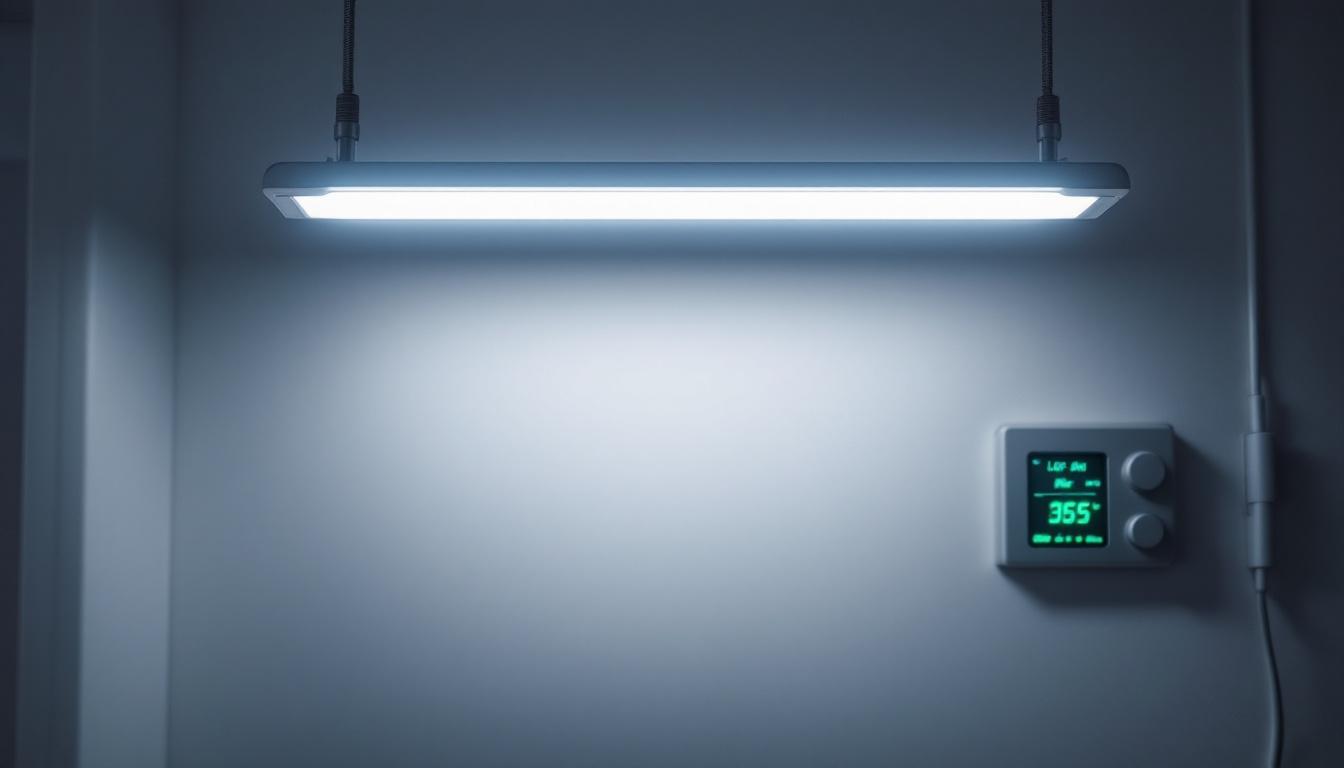 A photograph of a modern fluorescent light fixture in a well-lit room
