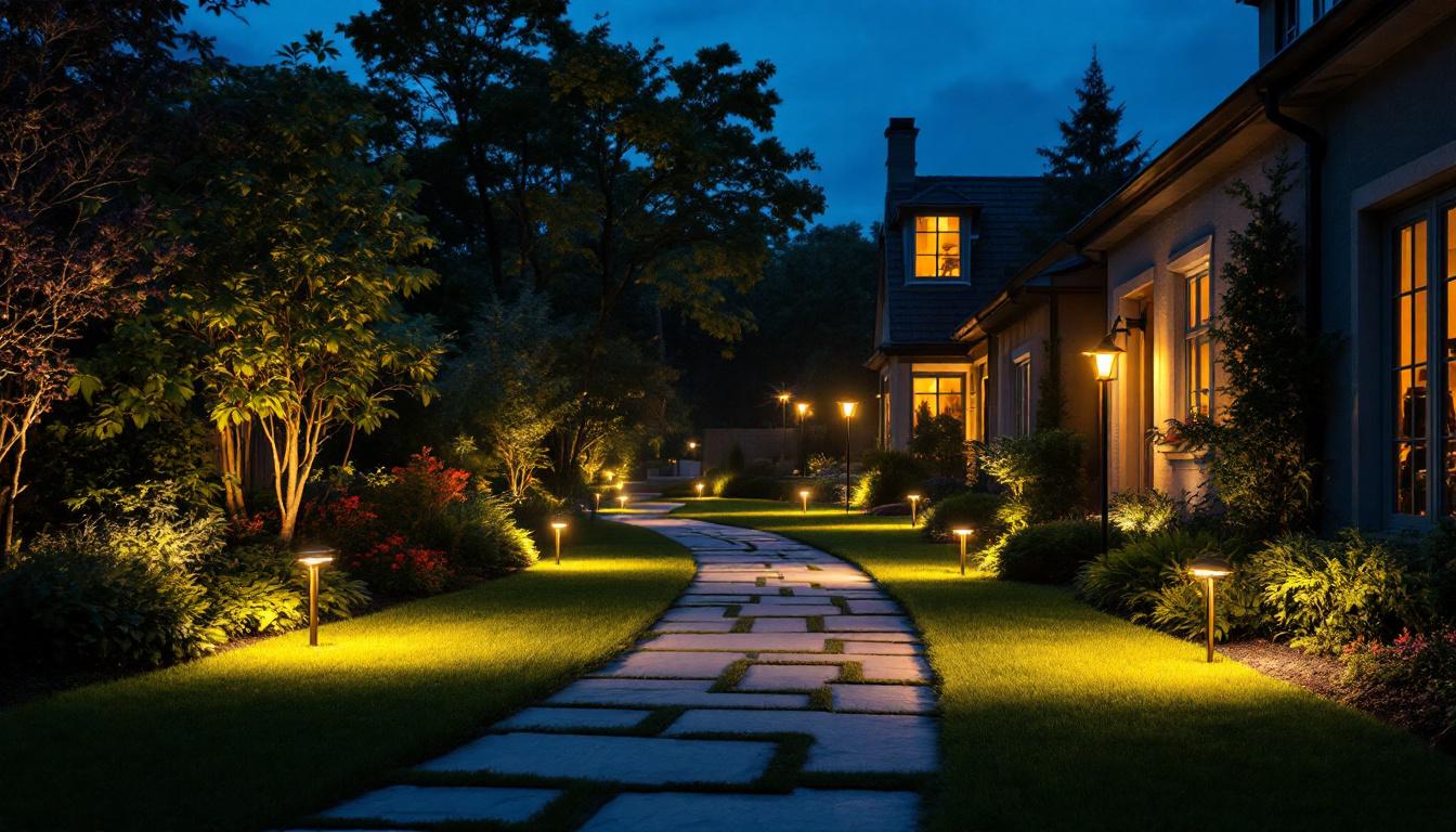 A photograph of a well-lit outdoor space showcasing various styles of motion flood lights in action