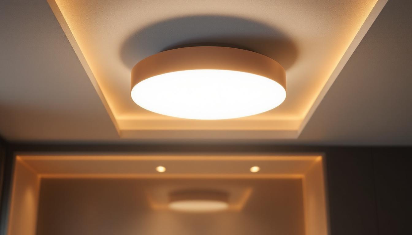 A photograph of a modern ceiling mount led light fixture installed in a stylish interior setting