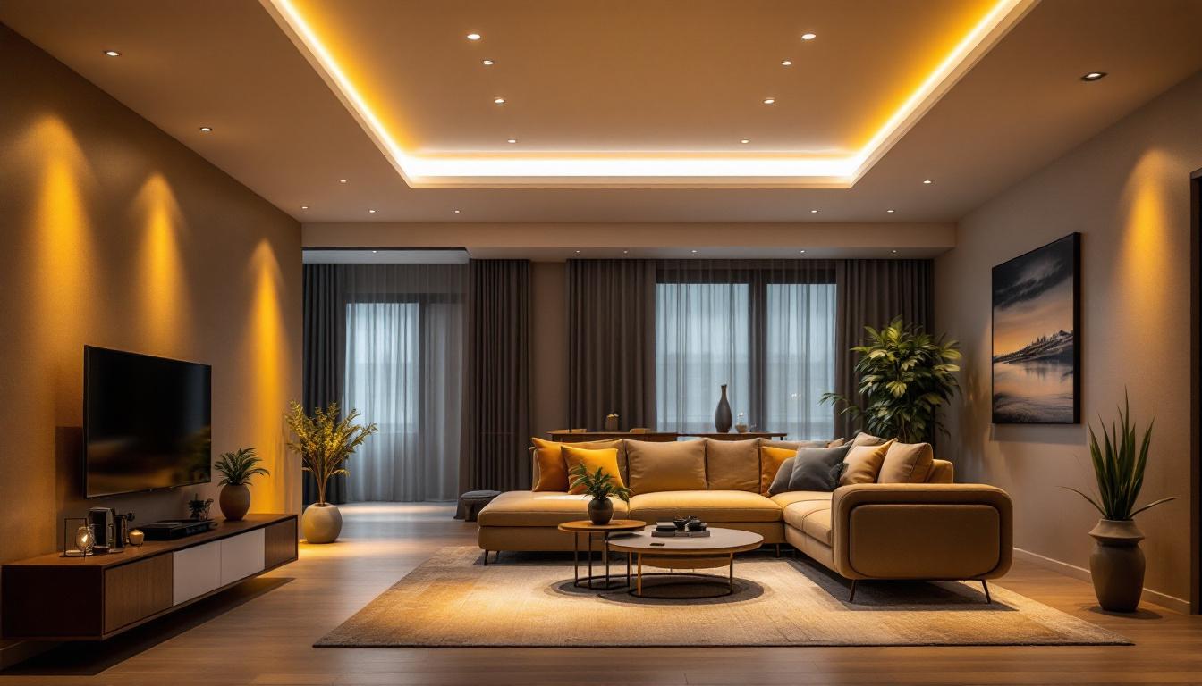 A photograph of a modern ceiling with stylish surface-mounted lights illuminating a well-designed living space