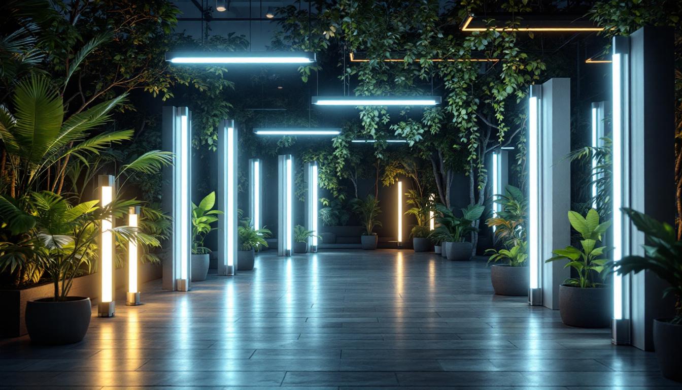 A photograph of capture a photograph of a well-lit outdoor setting featuring various fluorescent tube installations