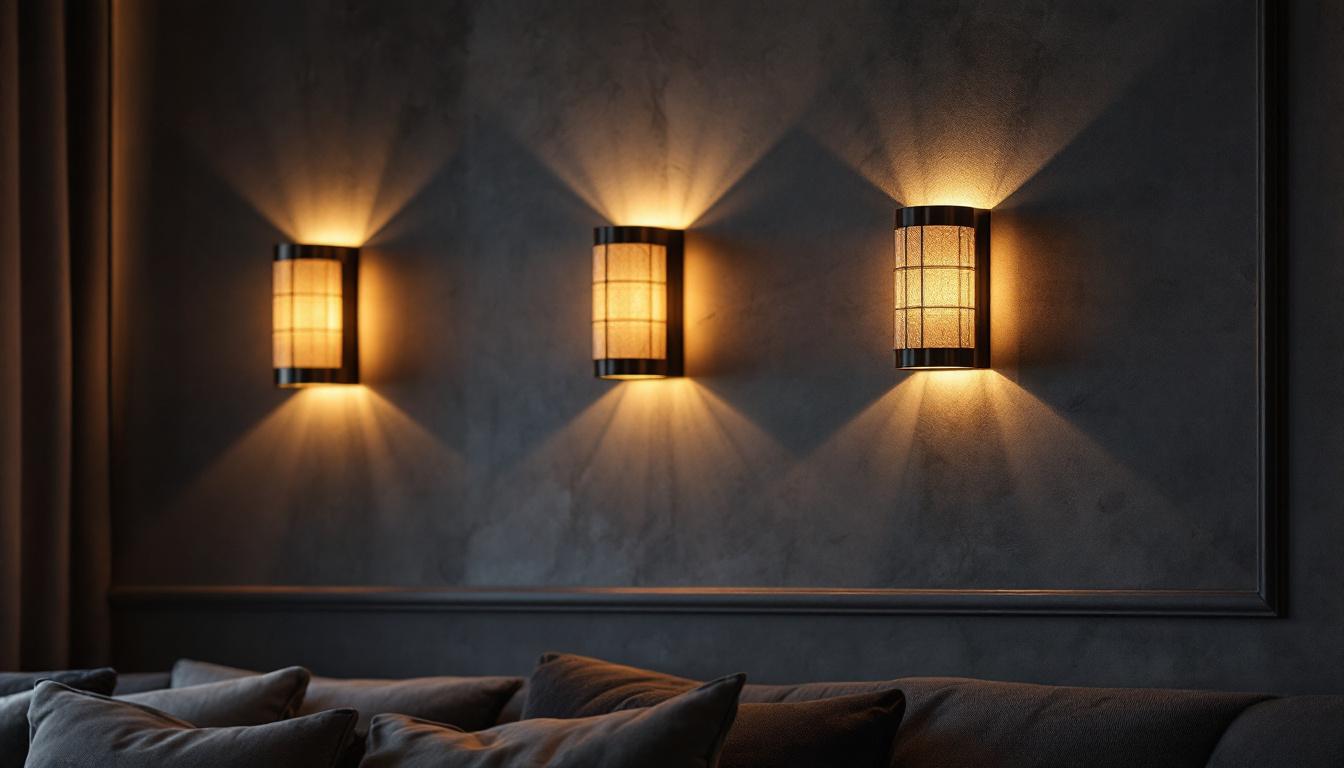 A photograph of a stylish home theatre setting featuring elegant wall sconces that emit warm