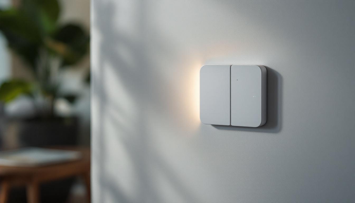 A photograph of a modern light switch timer installed in an aesthetically pleasing home setting