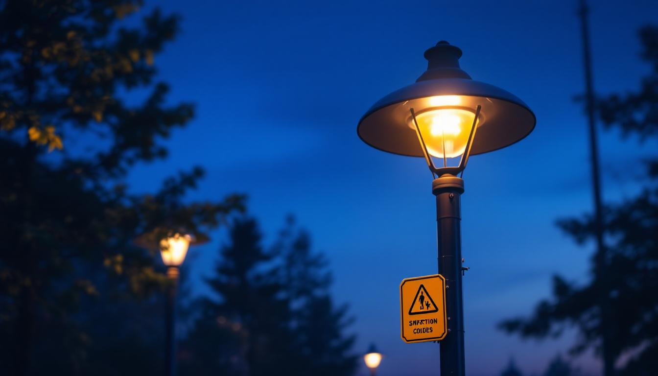 A photograph of a well-lit outdoor light pole with a visually appealing cover