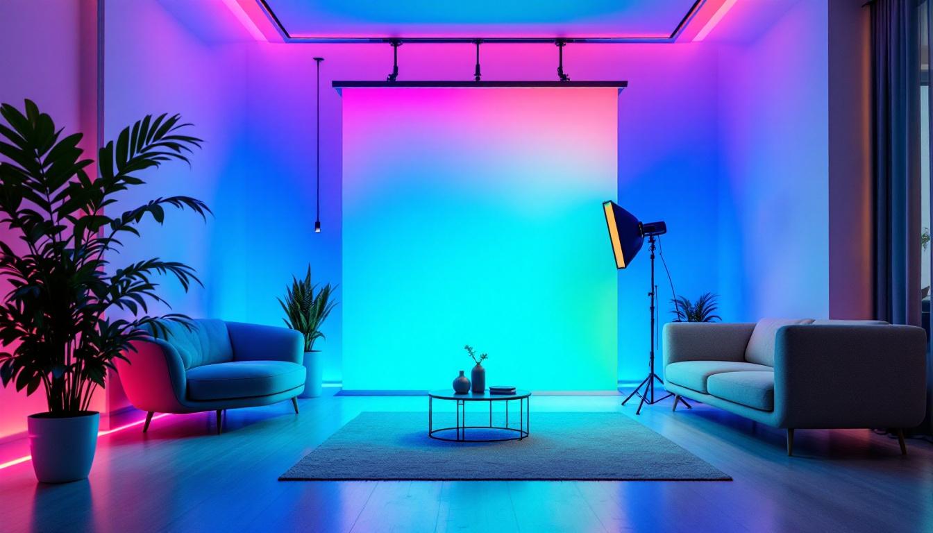 A photograph of capture a photograph of a vibrant rgbww led light setup in a modern interior space