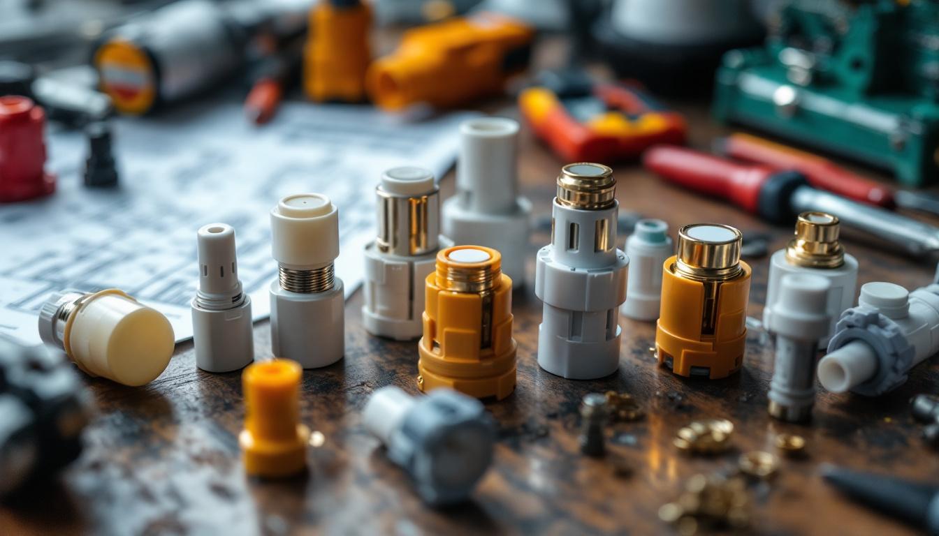 A photograph of a close-up shot of various low voltage lighting connectors arranged on a workbench