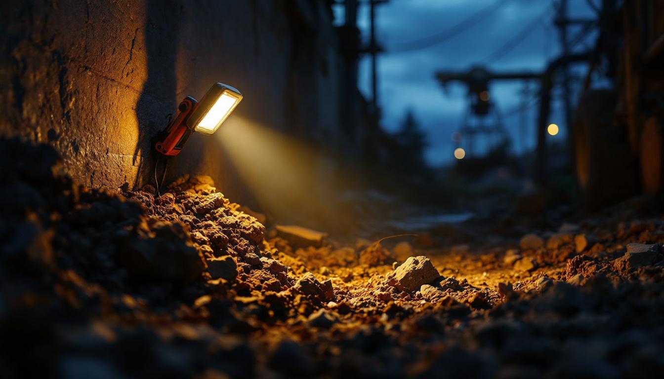 A photograph of a rugged work environment illuminated by a powerful led work lamp