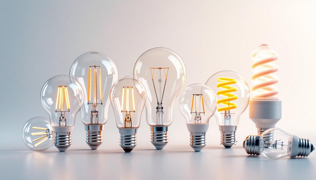 A photograph of a variety of led bulb shapes displayed in an aesthetically pleasing arrangement